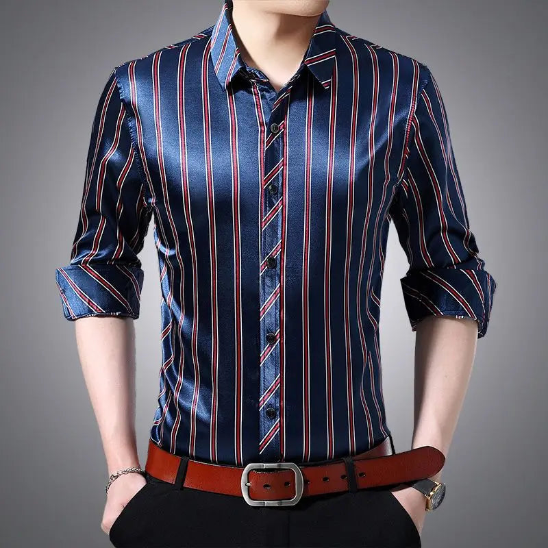 Streetwear Fashion Men Silk Smooth Shirt Spring Autumn New Male Clothes Business Casual Vintage Long Sleeve Basic Casual Tops