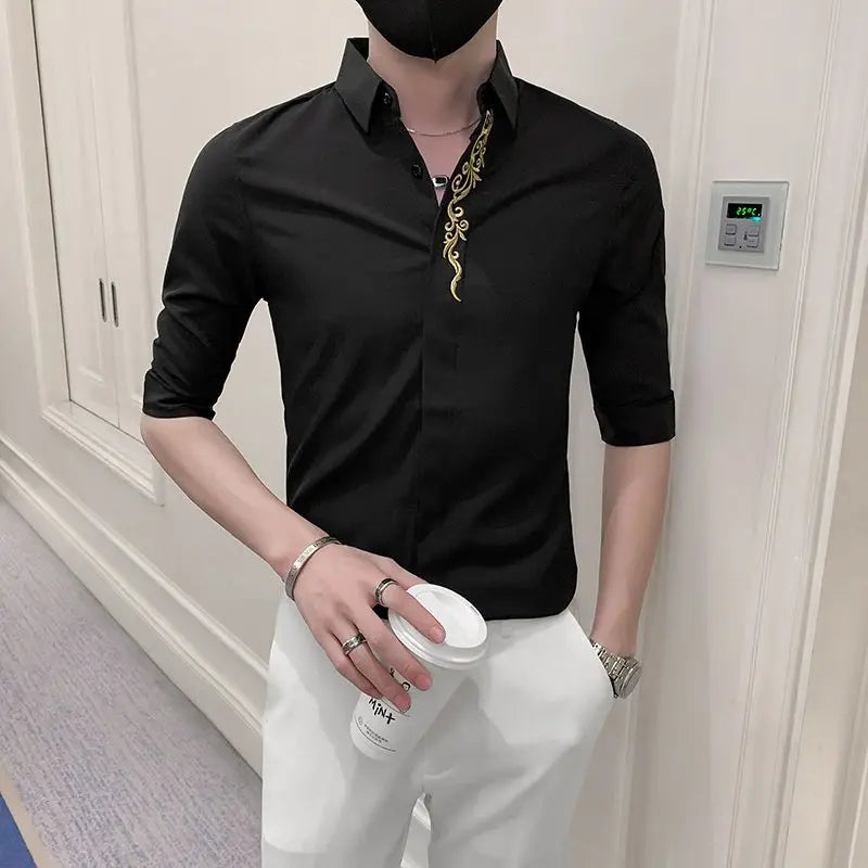 Embroidered Shirt Men's Trendy Brand Summer Short-sleeved Handsome Five-point Mid-sleeved Men's 2025 New Hairstyle Inch Shirt