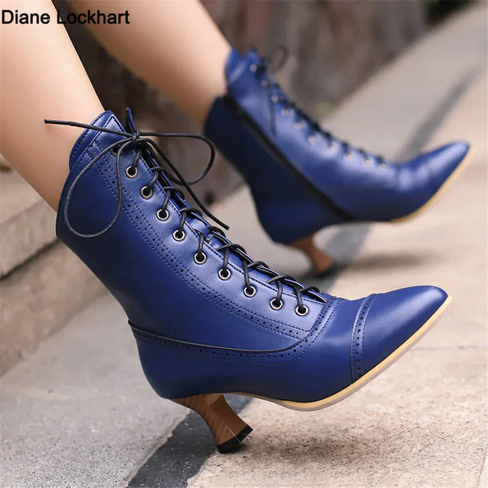 2025 New Lace Up Ladies High Heel Shoes Strange Steampunk Boot Victorian Ankle Boots Women Pointed Toe Thick Soled Short Boots