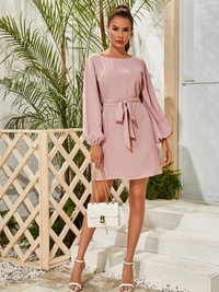 Loose Pink Chiffon Dress Solid Color Simple Lantern Style 2023 Fashionable Temperament Commuter Thin Hedging High Waist Dress