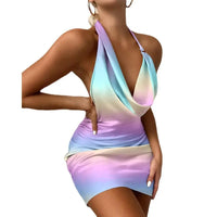 Summer Rainbow Backless Mini Party Dress Sexy Halter Pleated Night Club Dress for Women Stain Sleeveless Bodycon Short Dresses