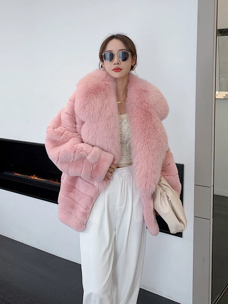 Furyoume Winter Women Real Rex Rabbit Fur Coat Thick Warm Natural Fur Jacket With Fox Fur Collar Luxury Chinchilla Overcoat