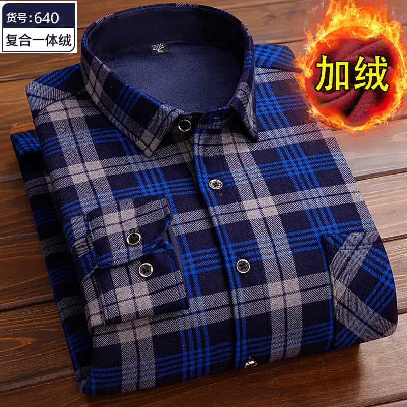 Autumn and Winter Men's Long-sleeved Fleece Shirt Thermal Shirt Plaid Jacket Clothes Men's Clothing Streetwear Men Shirts