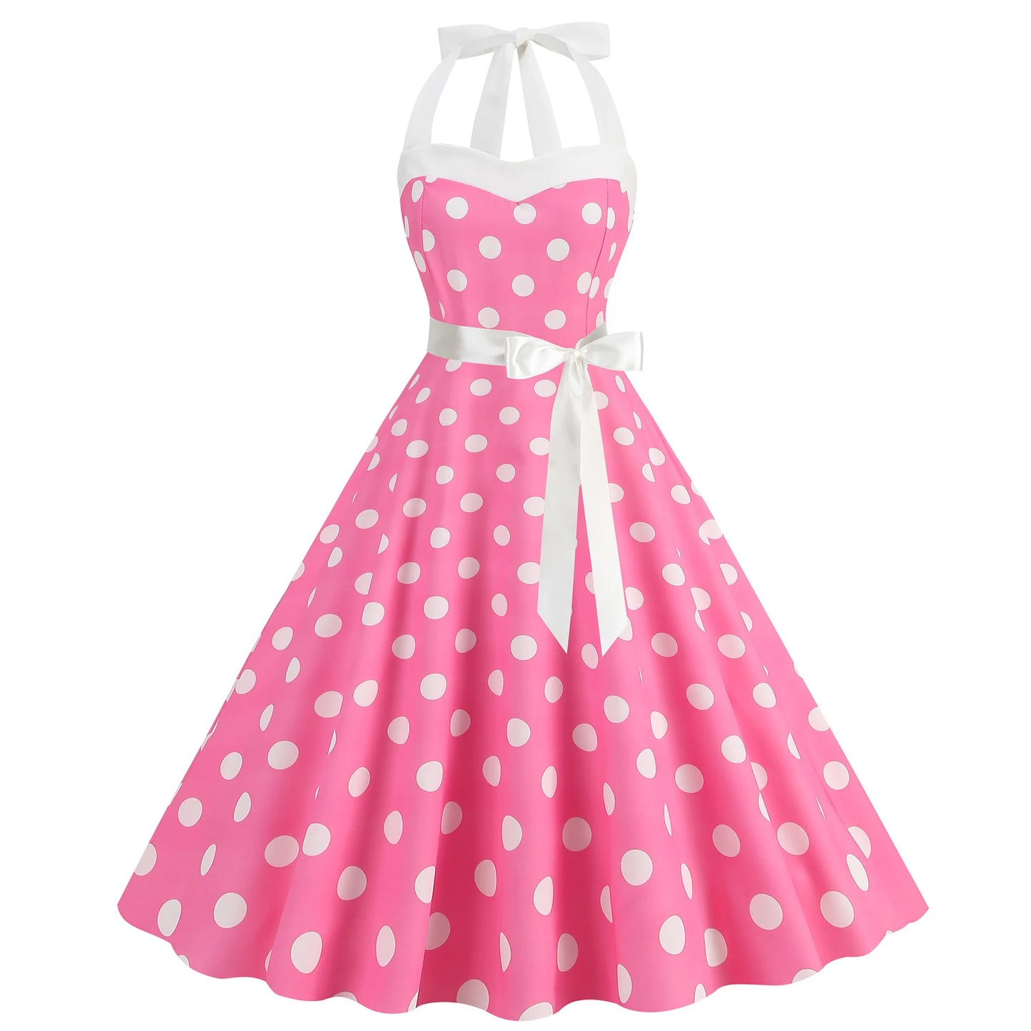 Elegant Women Pink Polka Dot Dress Summer Robe Hepburn 1950s 60s Vintage Sexy Halter Rockabilly Retro Party Dresses 2026 Vestido
