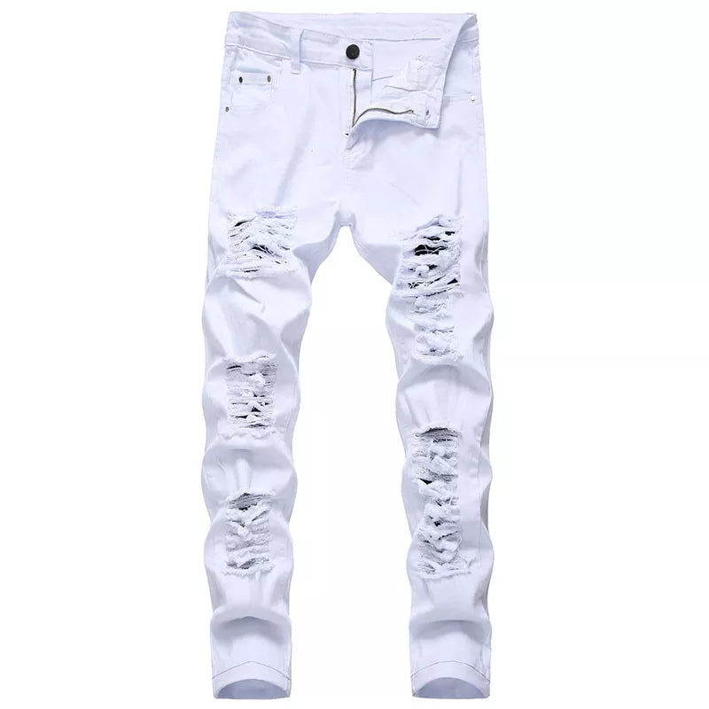 Fashion Designer  Casual White Black Ripped Jeans For Men Straight Slim Fit Stretch Denim Pants Man Jogging Trousers Large Size