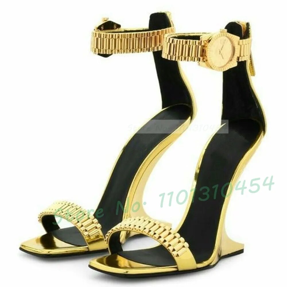 Metallic Watch Wedge Sandals Women Summer Elegant Fretwork Heels Gold Shoes 2023 Luxury Casual Ankle Wrap Chic Back-zip Sandals