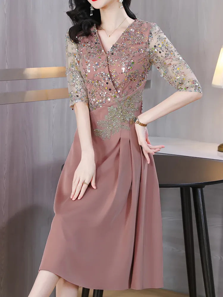 Summer New Sequins Luxury Chic Evening Wedding Dress 2023 Women's Elegant Bodycon Midi Dress Satin Vintage Casual Party Vestidos