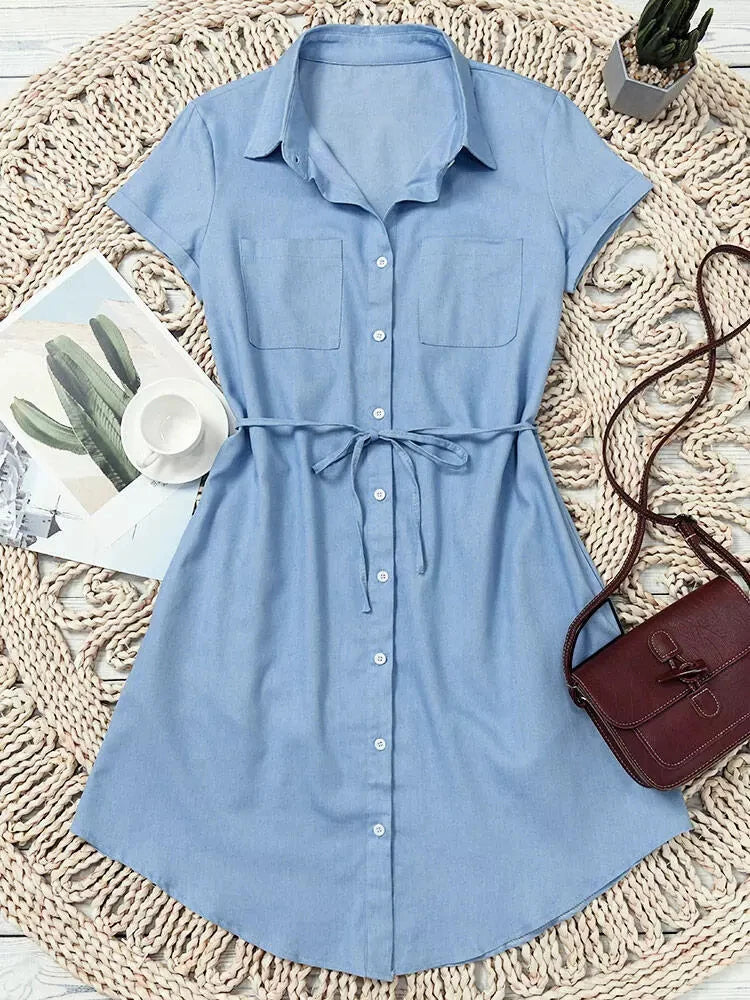 Elegant Women's Casual Short Sleeve Denim Dress Button Down Collar Belted Jean Shirtdress with Pockets Summer 2023 New