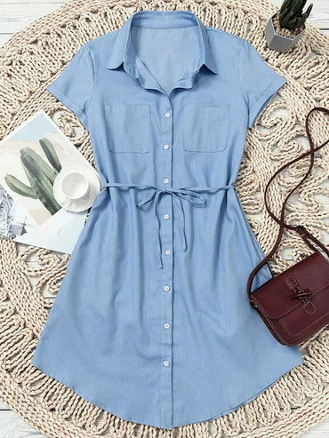 Elegant Women's Casual Short Sleeve Denim Dress Button Down Collar Belted Jean Shirtdress with Pockets Summer 2023 New