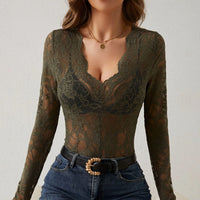 Women'S Floral Eyelet Lace Shirt Sexy V Neck Long Sleeve Opaque Shirts See-Through Lace Sexy Women Clothing Blusas Para Mujer
