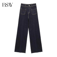 BSAY Jeans for Women Fashion Autumn Winter New Solid Color Pocket Loose Retro High Waist Wide Leg Pants Chic Female Trousers