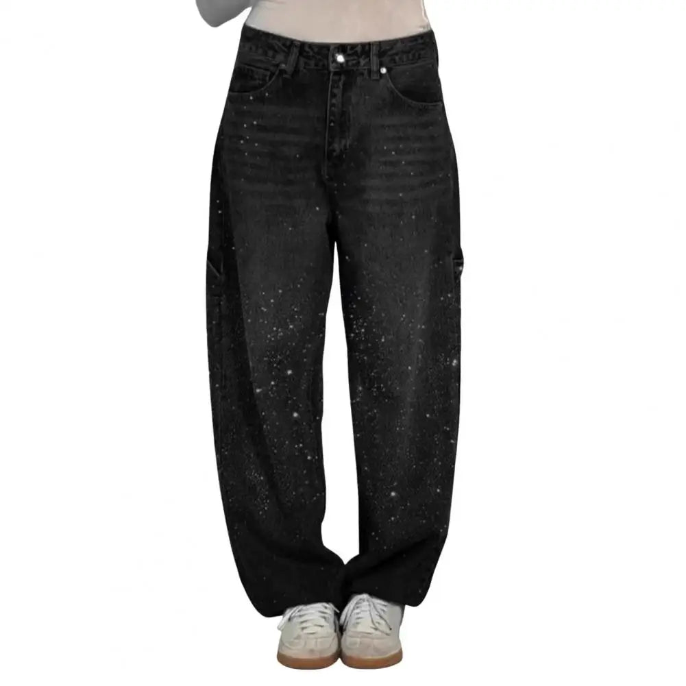 Women's Sparkly Harem Jeans High Waisted Baggy Wide Leg Bling Jeans Casual Straight Leg Denim Pants for Streetwear