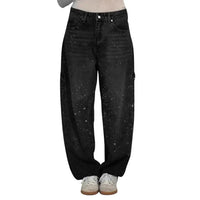 Women's Sparkly Harem Jeans High Waisted Baggy Wide Leg Bling Jeans Casual Straight Leg Denim Pants for Streetwear