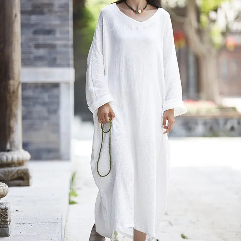 Linen dress big size Batwing Cotton Women Long Dress Oversized Zen style Solid Robe ete 2021 Femme Gown Loose Casual Maxi Dress