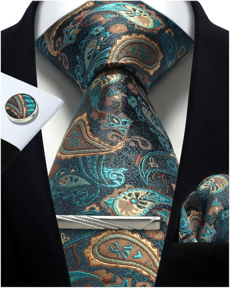 Mens Tie Set Silk Silver Paisley Floral Necktie and Pocket Square Cufflinks Tie Clip Classic Formal Ties for Men Wedding Party