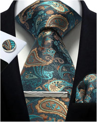 Mens Tie Set Silk Silver Paisley Floral Necktie and Pocket Square Cufflinks Tie Clip Classic Formal Ties for Men Wedding Party