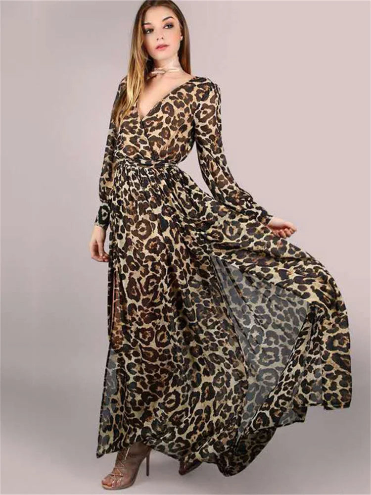 Dress Women Long Sleeve 2023 Autumn New Temperament Casual Chiffon Dress Fashion V Neck Leopard Big Hem Dresses With Belt