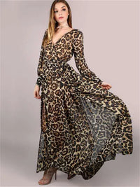 Dress Women Long Sleeve 2023 Autumn New Temperament Casual Chiffon Dress Fashion V Neck Leopard Big Hem Dresses With Belt