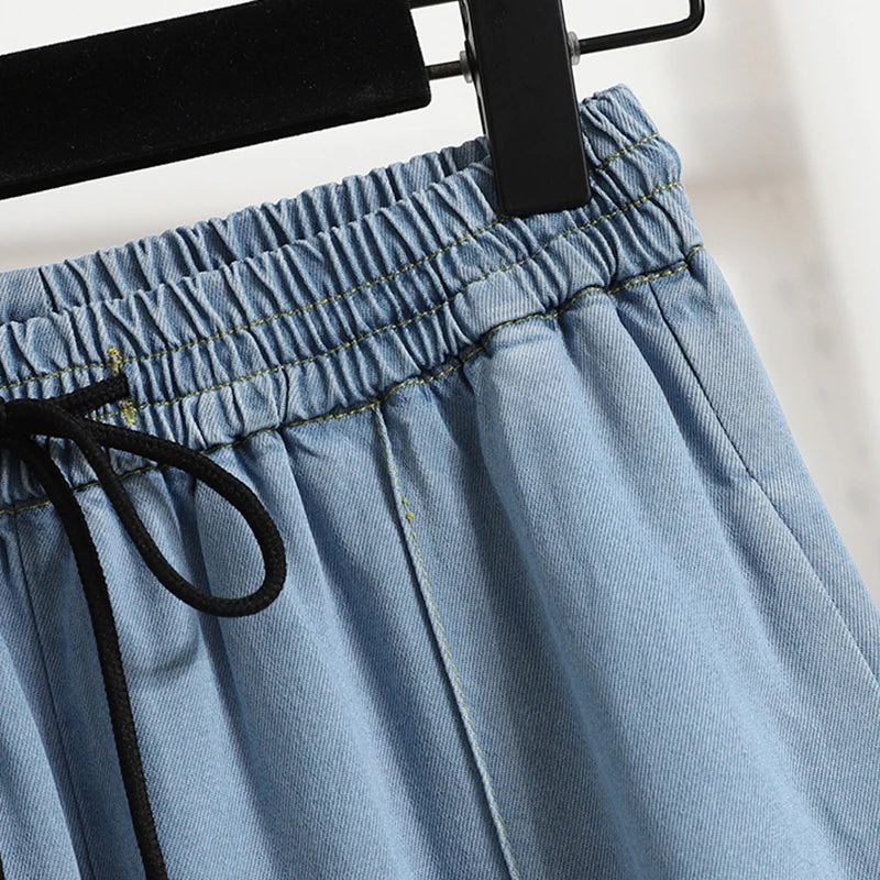 Women Jeans 2025 Summer New Arrivals High Waist Drawstring Loose Blue Jeans Pants Korean Style Casual Trousers Women Hot Sale