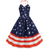 1950s60s Retro Dress American Independence Day Retro Women's Wear Halter Wrap Chest Star Stripe Print Large Swing Dress