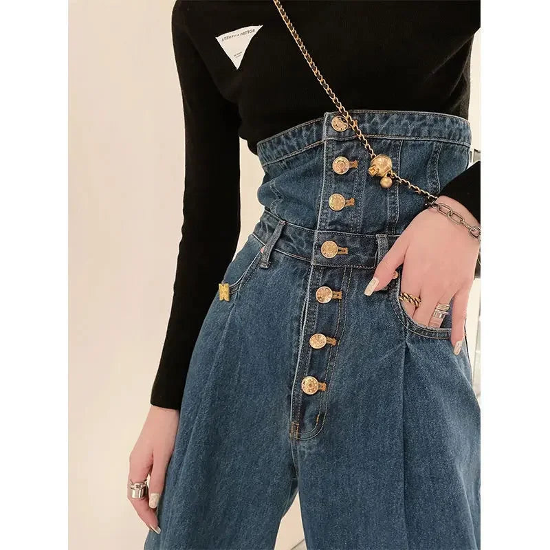 French dark blue breasted high waist jeans women's spring and autumn new large size loose slim high design straight wide-leg pan
