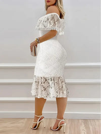 Women's White Off-Shoulder Lace Midi Dress Ruffled Neckline Flared Hem Ideal for Evening Parties Wedding Receptions