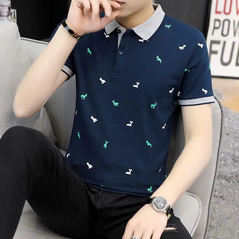 Fashion Lapel Button All-match Printed Polo Shirts Men Clothing Summer New Oversized Casual Pullovers Loose Korean T-Shirt