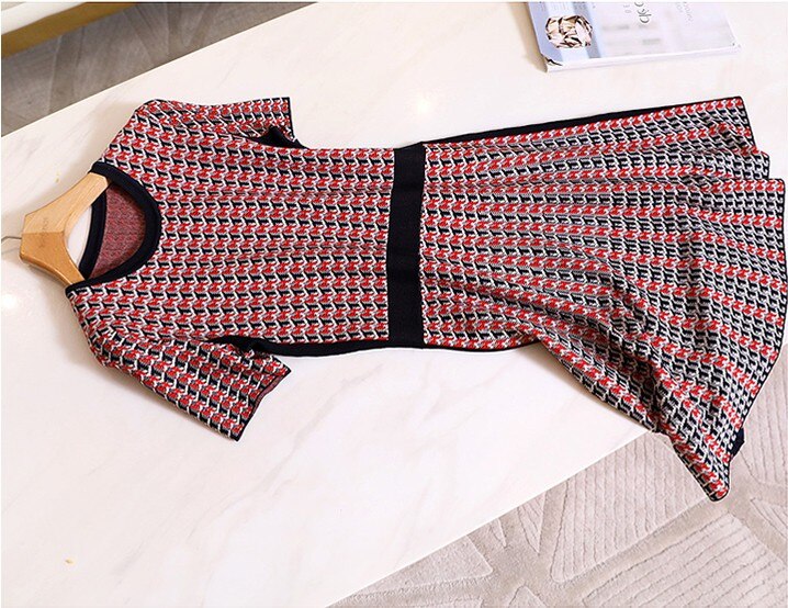 Sexy 2022 Summer Plaid Knitted Dress Female Vintage Fashion O-Neck Short sleeve A-Line Dress