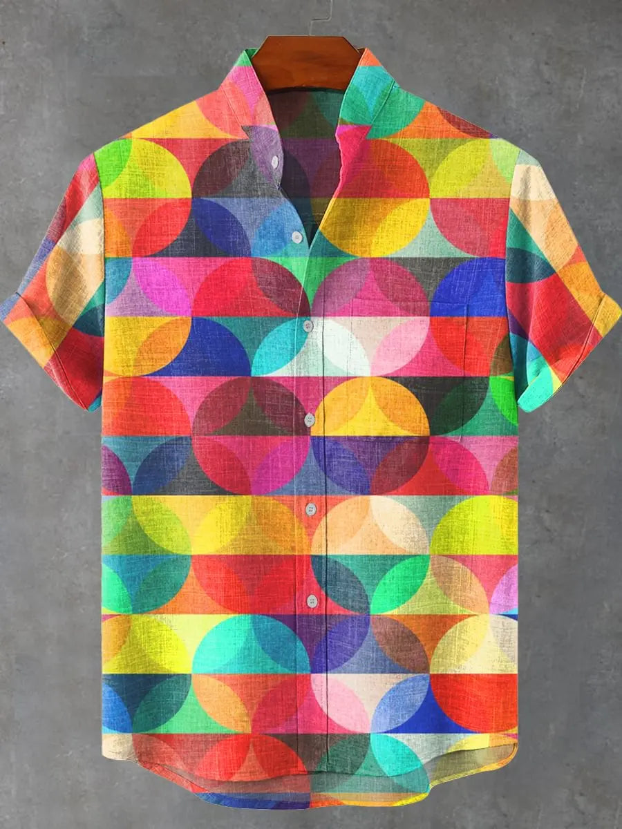 Men's Shirt Comfortable Short Sleeve Linen 100% Men's Shirt Elegant Geometric Striped Pattern Casual Fashionable Shirt
