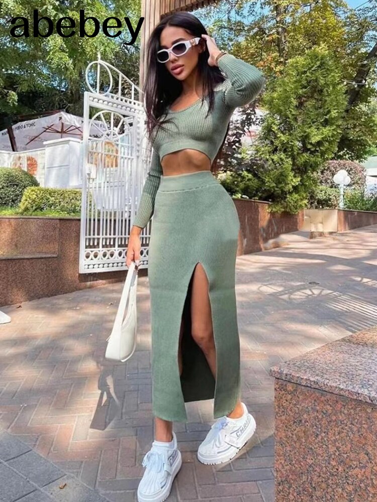 2022 Knitted Winter Women Sexy Sweater Skirt Suit Y2K Fashion Long Sleeve Crop Tops And Long Split Skirt Dress Two Piece Sets