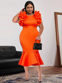 Aomei Women Big Size Dresses Orange Ruffles Sleeveless High Waist Bodycon Midi Evening Party Gowns Birthday Wedding Event Dress