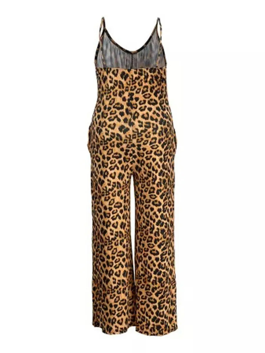 LW SXY Plus Size Leopard Print Pocket Design Jumpsuit Patchwork Sleeveless Spaghetti Strap Women Elastic Skinny Summer Outfit