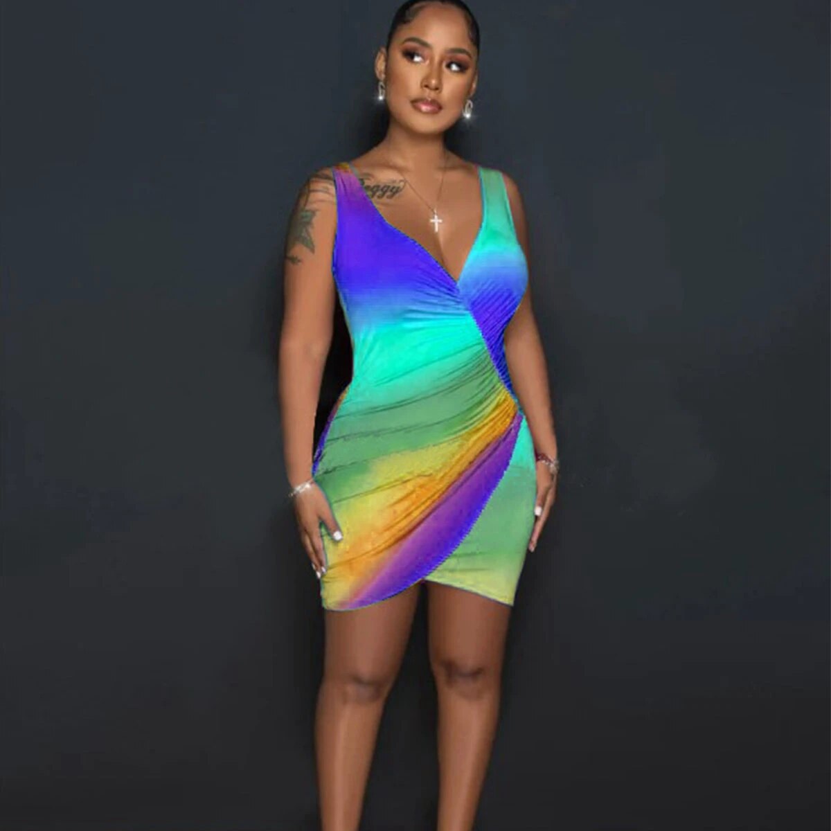 Tie Dye Summer Bodycon Dress Women Bulk Clothing V Neck Sheath Slim Ruched Night Club Party Mini Dress Clubwear Short Sexy Dress