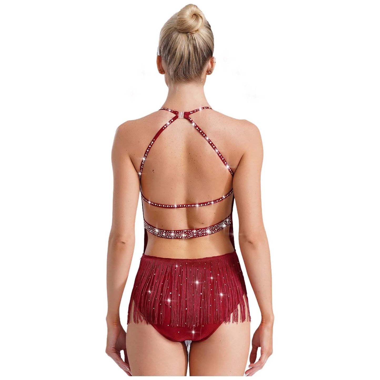 Women Latin Dance Leotard Sleeveless Halter Neck Rhinestones Adorned Backless Tassels Leotard for Performance Competition