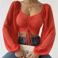 Horetong Women's Sexy V-neck Off-Shoulder Blouses Summer Drawstring Bandage Long Sleeve Tops Ladies Korean Fashion Short Clothes