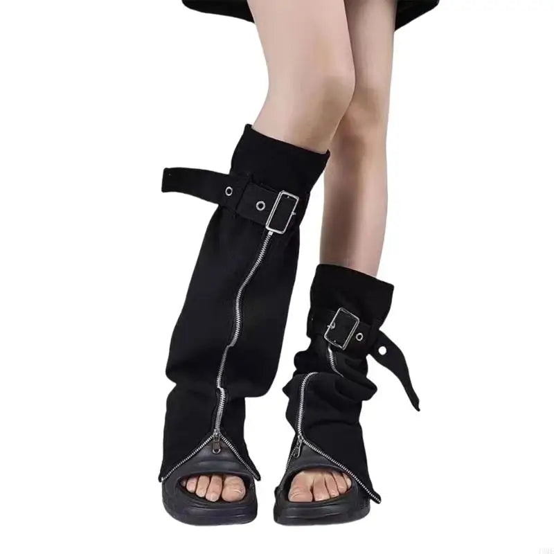 Women Jeans Black Leg Warmers with Buckled Straps Punk Denims Flared Boot Cover Slit Zippers Baggy Long Socks Streetwear