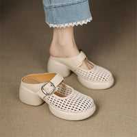 New Summer Slippers Cover Toe Slippers for Women Fashion Hollow Out Round Toe High Heels Ladies Shoes Chunky Heels Slippers