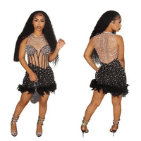 Sequin Feather Dress Mini Party Sexy Luxury Mesh Dresses 2023 Summer Women Clothes Evening Bodycon Club Elegant Black Dress