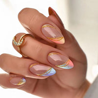 24Pcs Oval Head False Nails Pink Almond Artificial Fake Nails With Glue Full Cover Nail Tips Press On