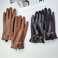 Fashion Chain Women' PU Leather Gloves Winter Warm Plus Velvet Thicken Full Finger Outdoor Riding Touch Screen Driving Mittens