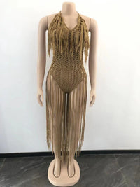 Knit Rib Tassel Bodysuit Rompers Sexy Fishnet Halter Lace Up V Neck See Through Jumpsuit Women Summer Beach Wear One Piece Dress