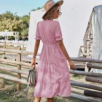 Women Elegant Striped Lantern Sleeve Summer Dress Causal V-neck Button Ruffles Midi Dress 2023 Women Beach Holiday Party Dress