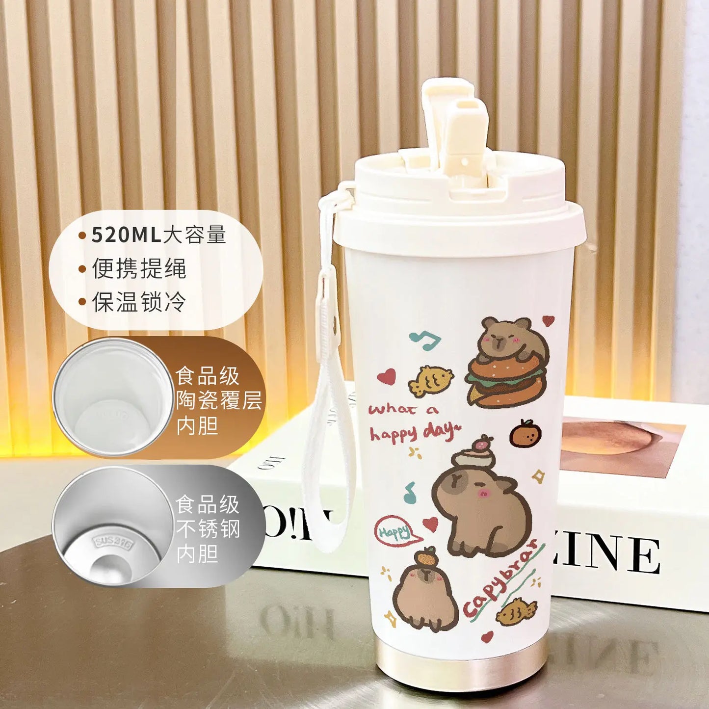 Cartoon Capybara Insulated Stainless Steel Mug High Quality Coffee Cup kapibara Portable Water Cup Vehicle-mounted Bottle