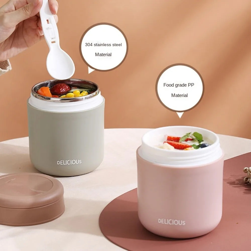 304 Stainless Steel Insulated Breakfast Cup Sealed Soup Bowl Wide Mouth Insulated-Food-Jars Porridge Cup with Spoon