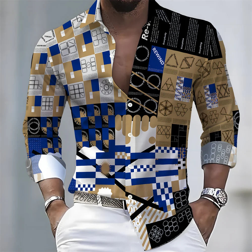 New men's artistic printed long-sleeved shirt, retro color-blocked design, casual shirt, versatile and stylish top for commuting