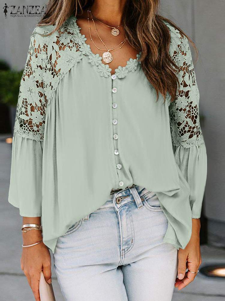 2023 ZANZEA Summer Lace Hollow Out Blouse Women Elegant V Neck 3/4 Sleeve Shirt Sexy Patchwork Blusas Holiday Party Tunic Tops