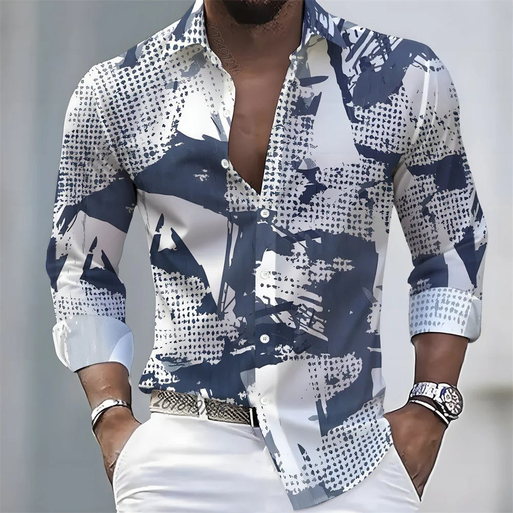 European and American style color-blocked geometric abstract print men's long-sleeved shirt, versatile top for spring and autumn