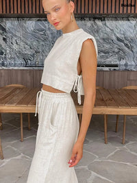 Summer 2023 Women Holiday Linen Pant Set Crop Tops Solid Outfits 2 Two Piece Matching Set For Women Sleeveless Casuals Fashion