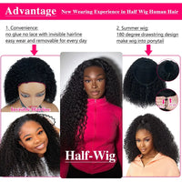 Glueless Human hair Wigs Kinky Curly Headband Wig Upgrade 3 IN 1 Half Wig With Drawstring Seamless Clip Ins Flip Over For Women