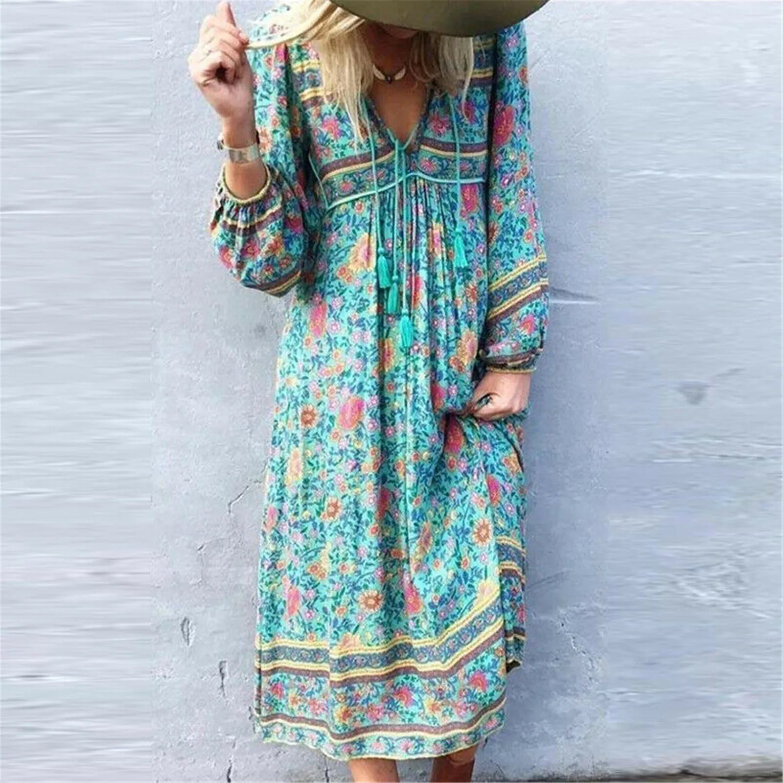 Happie Queens Women Green Floral Print Tassel Beach Bohemian Maxi Dress Ladies Summer Rayon Cotton Boho Dresses Robe